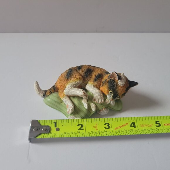 Hand-Painted Calico Cat Figurine Lounging On Green Pillow - Picture 5 of 5